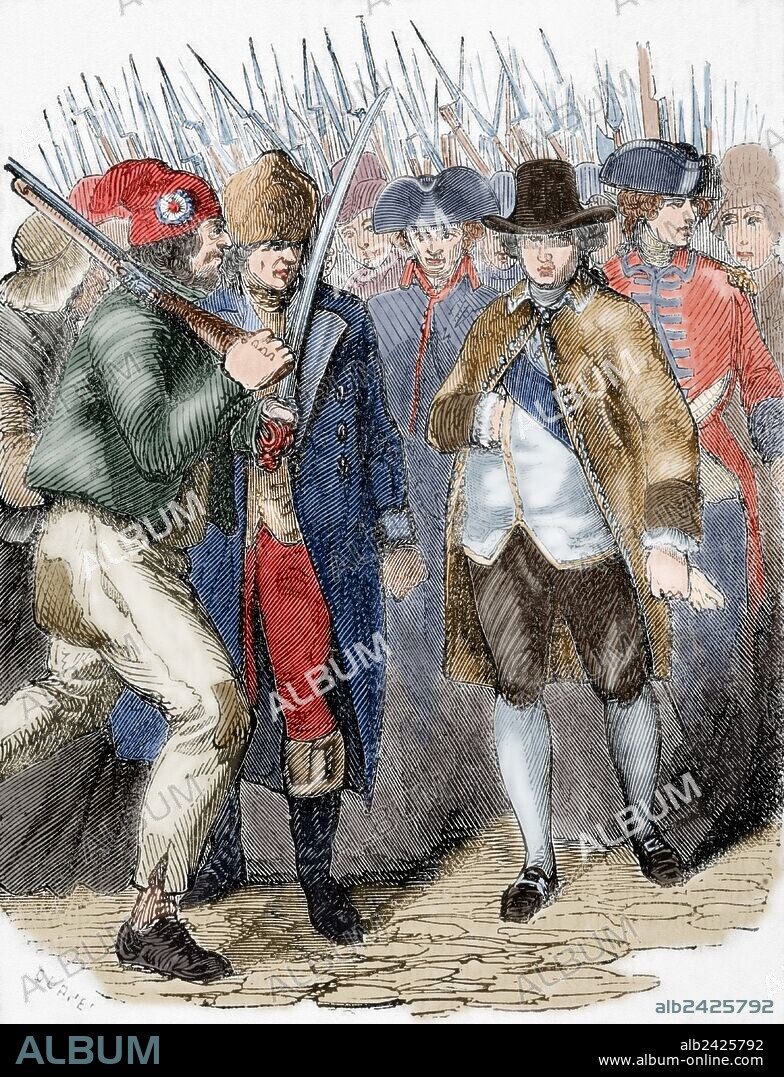 LOUIS DUPRE. REVOLUCION FRANCESA. Vuelta del rey LUIS XVI a París tras su detención en Varennes, tras su intento de fuga. Entraron en la ciudad el 25 de junio de 1791. Grabado por Dupré. "Biblioteca Universal". Ediciones Populares, 1851. Coloreado.