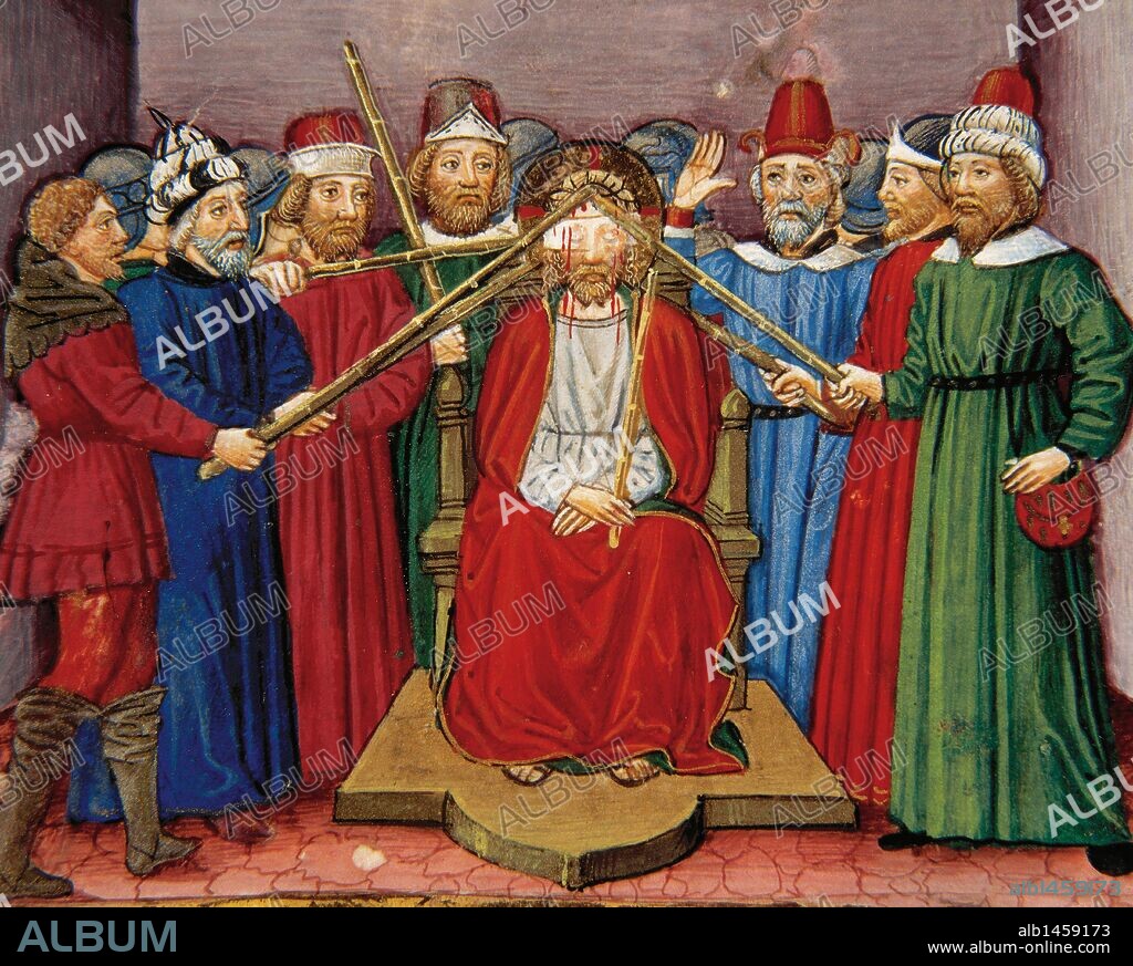 "JESUS ES TORTURADO POR LOS SOLDADOS". Miniatura del Códice de Predis. S. XV. Biblioteca Real. Turín. Italia.