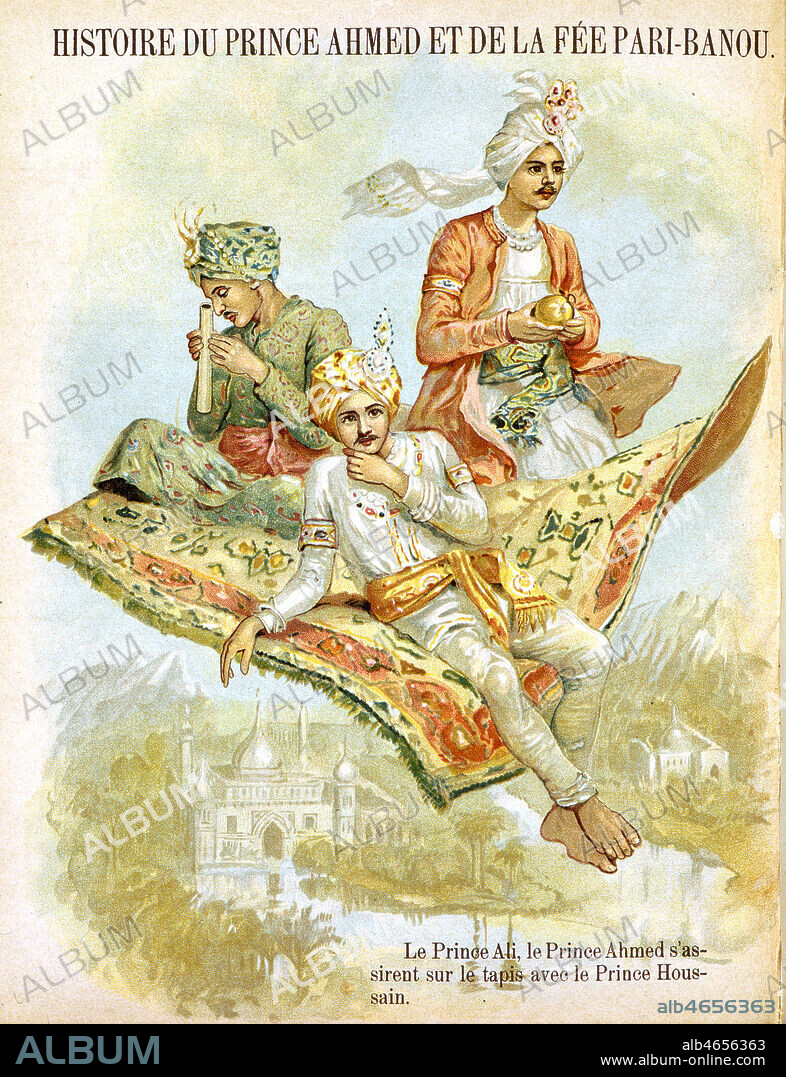 Histoire du prince Ahmed et de la fee Pari-Banou: le prince Ali, le prince Ahmed s'assirent sur le tapis avec le prince Hussain. Les trois freres sur le tapis volant, portant chacun un objet magique pour guerir la princesse. Conte des Mille et une Nuits, illustration anonyme, vers 1880-90. Credit Collection Kharbine Tapabor.