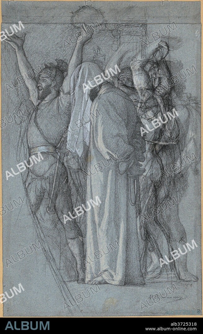 VICTOR-FRANçOIS-ELOI BIENNOURRY. The Mocking of Christ. Dated: 1852. Dimensions: sheet: 45.7 × 28.7 cm (18 × 11 5/16 in.). Medium: black chalk with white heightening on two joined pieces of blue paper, laid down.
