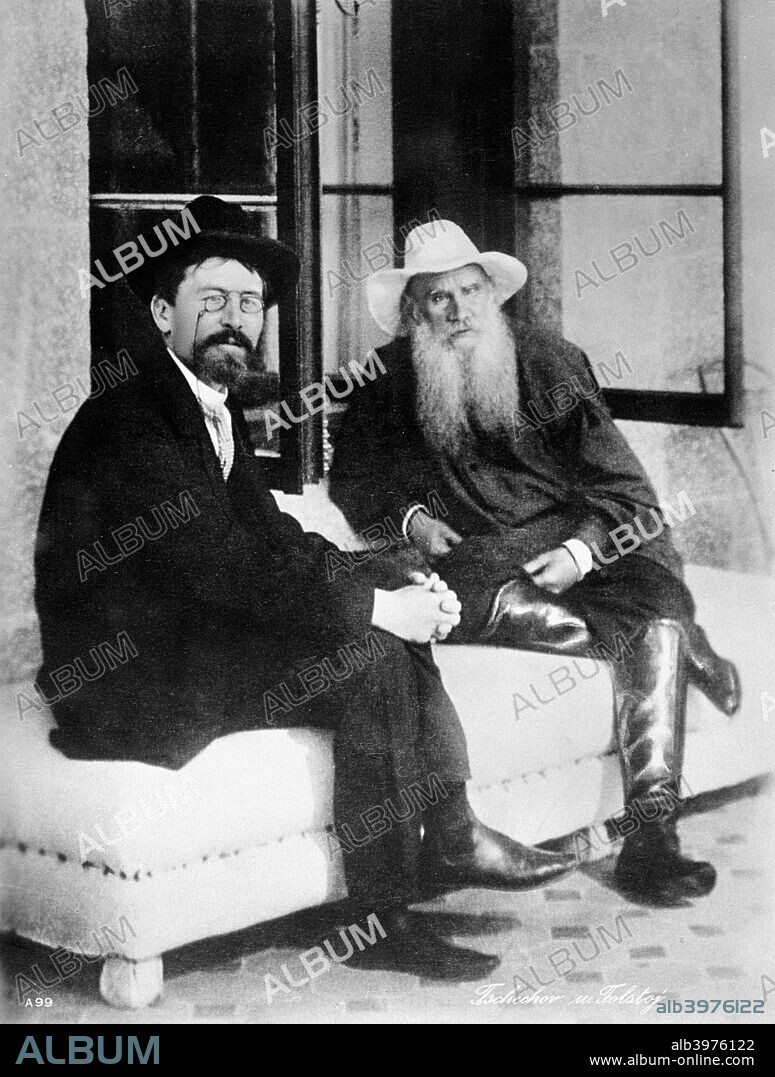Chekhov and Tolstoy, late 19th century. Anton Chekhov (1860-1904) Russian writer, left, with Leo Tolstoy (1828-1910) Russian writer, philosopher and mystic.