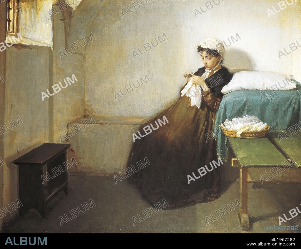 Luisa Sanfelice in prison, 1874, by Gioacchino Toma (1836-1891), oil on canvas, 63x79 cm. Bourbon restoration, Italy, 19th century.