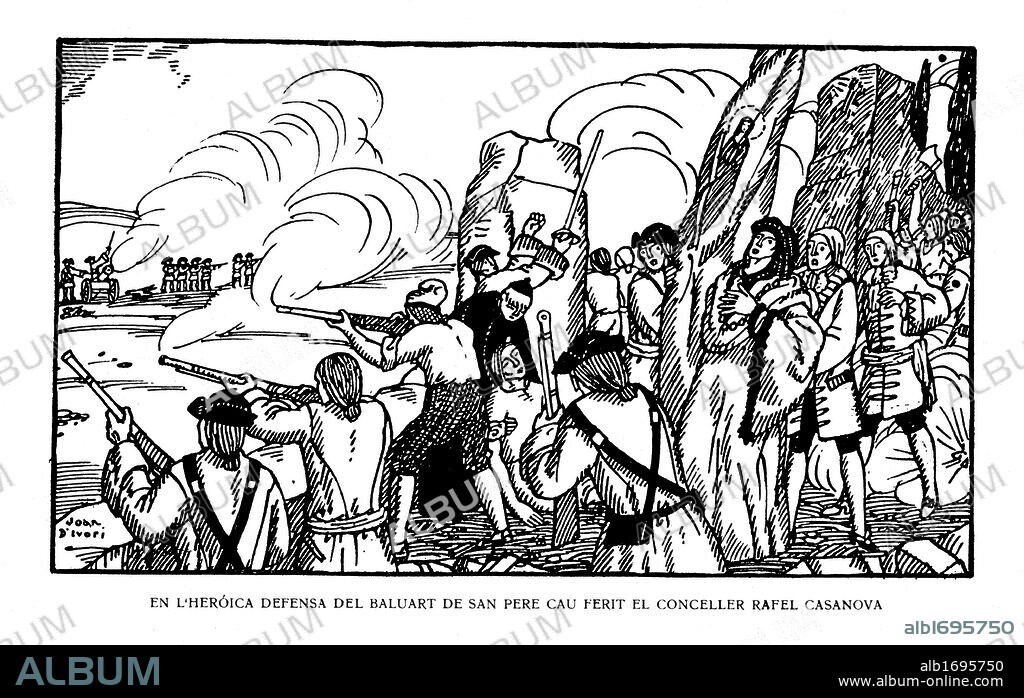 Heróica defensa del baluarte de Sant Pere, siendo herido el canciller Rafel de Casanova, en 1714. Historia popular de Catalunya, de Alfons Roure. Editada en Barcelona, 1919. Dibujo de Joan Vila i Pujol (Joan d'Ivori) (Barcelona, 1890-1947).