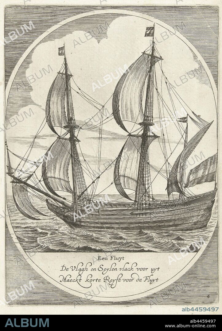 A flute ship, 1642 A Fluyt (title on object) Ten different Dutch types of inland vessels (series title), in oval, to the left, 1642. With two-line Dutch verse. Page No. 4 in a series of ten different Dutch types of inland vessels, sailing ship, sailing boat, Dirk Eversen Lons, Northern Netherlands, 1642, paper, engraving, h 230 mm × w 165 mm.