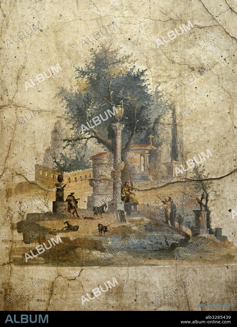 Fresco romano con la representación de un paisaje mitológico. Cubiculum de la Villa de Agrippa Postumo. 20 a. C. -10. Tercer Estilo Pompeyano. Boscotrecase, cercanías de Pompeya. Museo Arqueológico Nacional. Nápoles. Italia.