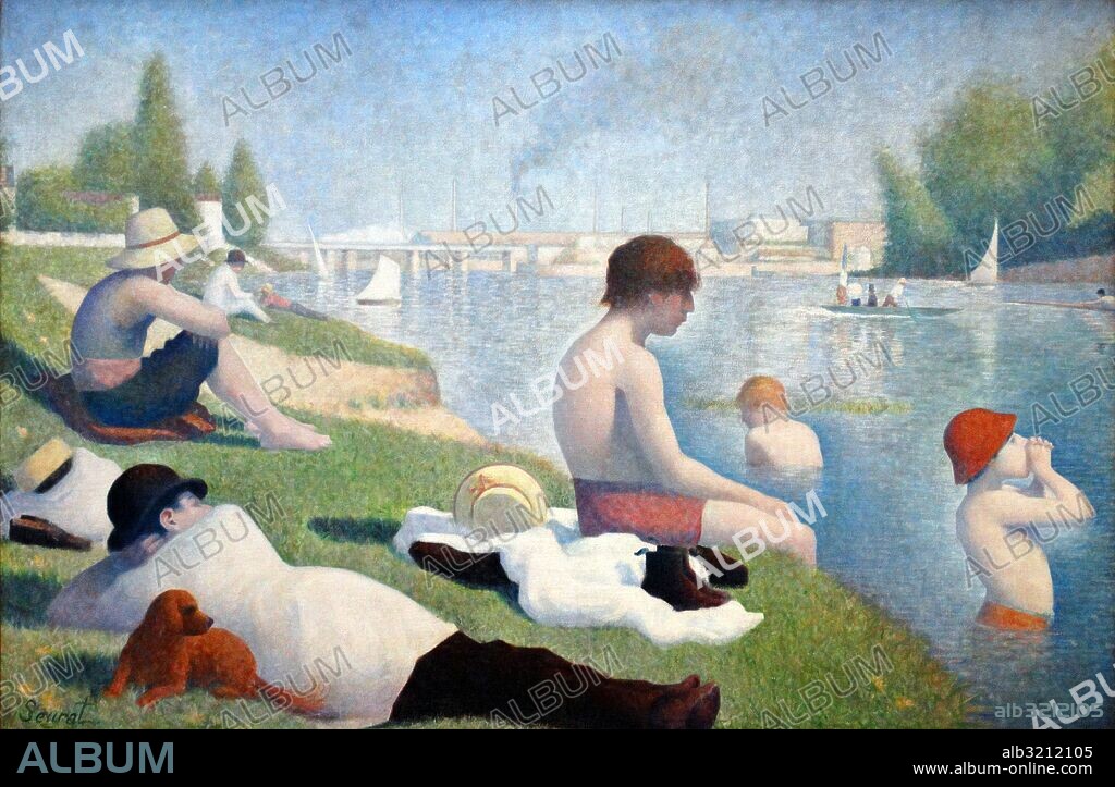 Painting titled 'Bathers at Asnieres' by Georges-Pierre Seurat (1859-1891) a French post-Impressionist painter and draftsman. Dated 19th Century.