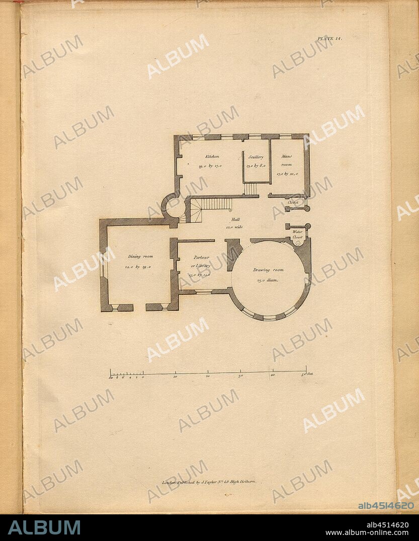 The Plan of a Villa with tower, Floor plan of a villa with tower, Plate 14, to p. 23, 1835, Edmund Aikin: Designs for villas and other rural buildings ...: together with a memoir of the author and an introductory essay, containing remarks on the defects of modern architecture, and an investigation of the style best adapted for the dwellings of present times. London: Weale. 1835.
