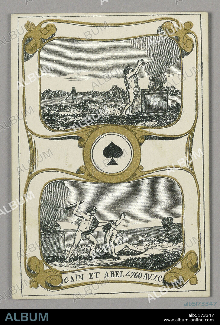 Cain and Abel, Playing Card from Set of 'Cartes héroïques' or 'Des grands hommes', Marcel G. Dèschampes, French, active 19th c., Alphonse-Joseph-Ferdinand Minne, Belgian, active 19th c., Stencil-colored lithograph on paper, Playing card from a set of 'Cartes héroïques' or 'Des grands hommes', Paris, France, 1871, Playing card, Playing card.