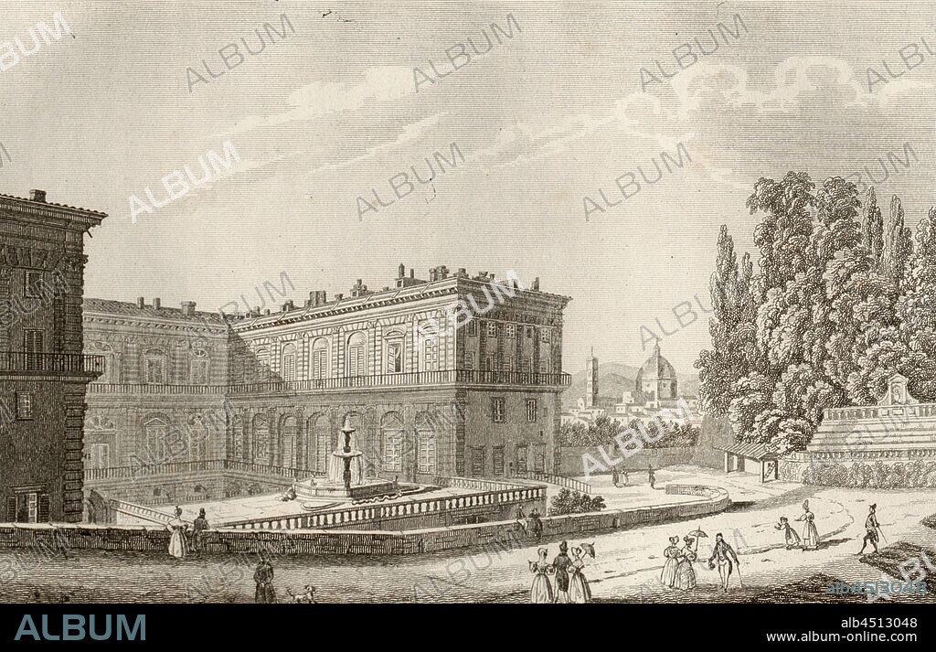 Florence. Palazzo Pitti, Garden side of the Palazzo Pitti in Florence, signed: D. del, Audot edit, Durau sc, Fig. 12, according to p. 62, Durau, Louis (sc.); Audot, Louis Eustache (edit.), 1837, Davide Bertolotti: L' Italia, descritta e dipinta con le sue isole di Sicilia, Sardegna, Elba, Malta, Eolie, di Calipso, ecc. [...]: secondo le ispirazioni, le indagini ed i lavori de' seguenti autori ed artisti Di Chateaubriand [...] [et al.]. Torino: presso Giuseppe Pomba e C., 1837.