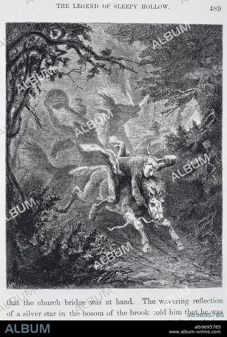 Ichabod Crane riding his horse, Gunpowder, being chased by the headless horseman, a ghost. The legend of sleepy hollow.