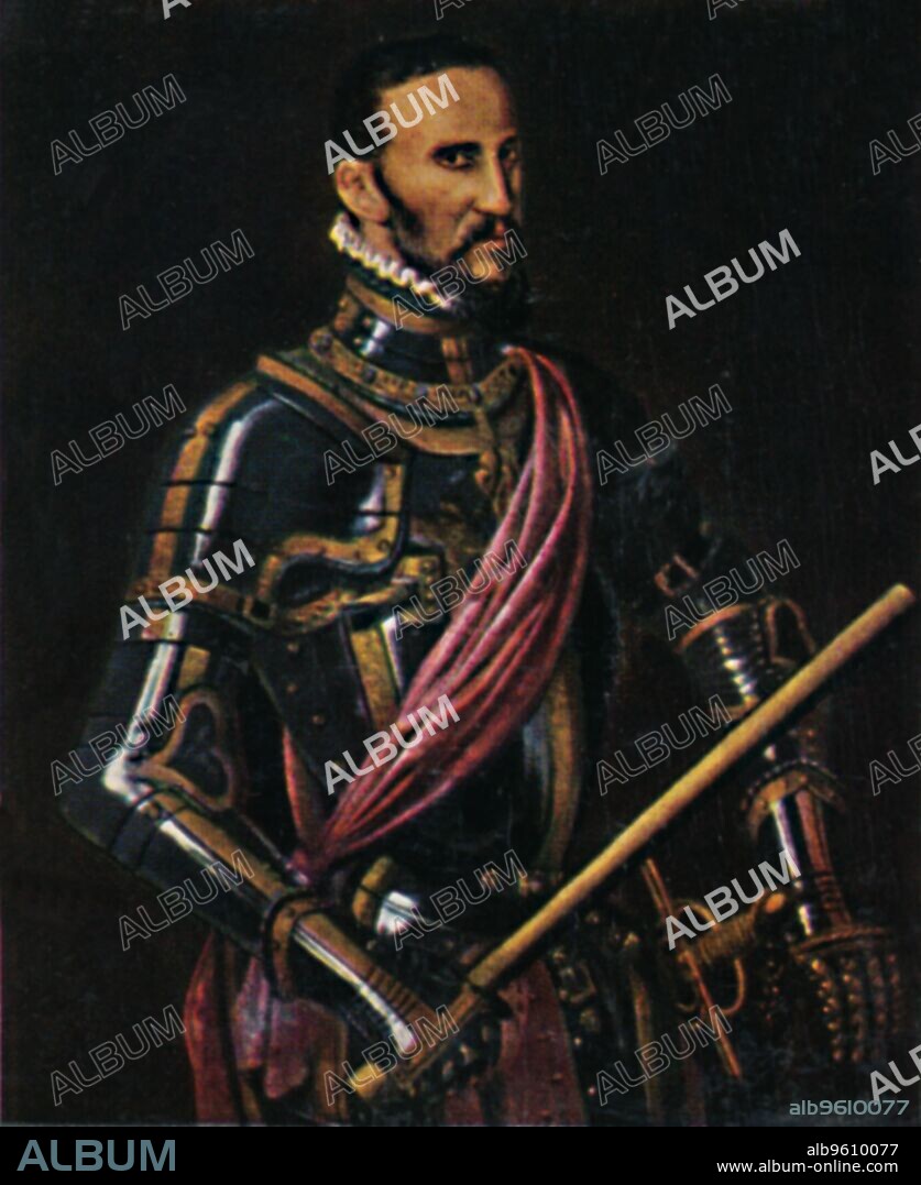 'Herzog Alba 1507-1582'. 1934. Don Fernando Álvarez de Toledo y Pimentel, 3rd Duke of  Alba (1507-1582 ), Spanish nobleman, military leader and statesman in the service of the emperor and Spanish King Charles V and his son, the Spanish King Philip II . He is one of the outstanding military and diplomatic servants of the Spanish crown of the 16th century and is known for his position in the Eighty Years War.From "Die Großen der Weltgeschichte". [Eckstein-Halpaus, Dresden, 1934].