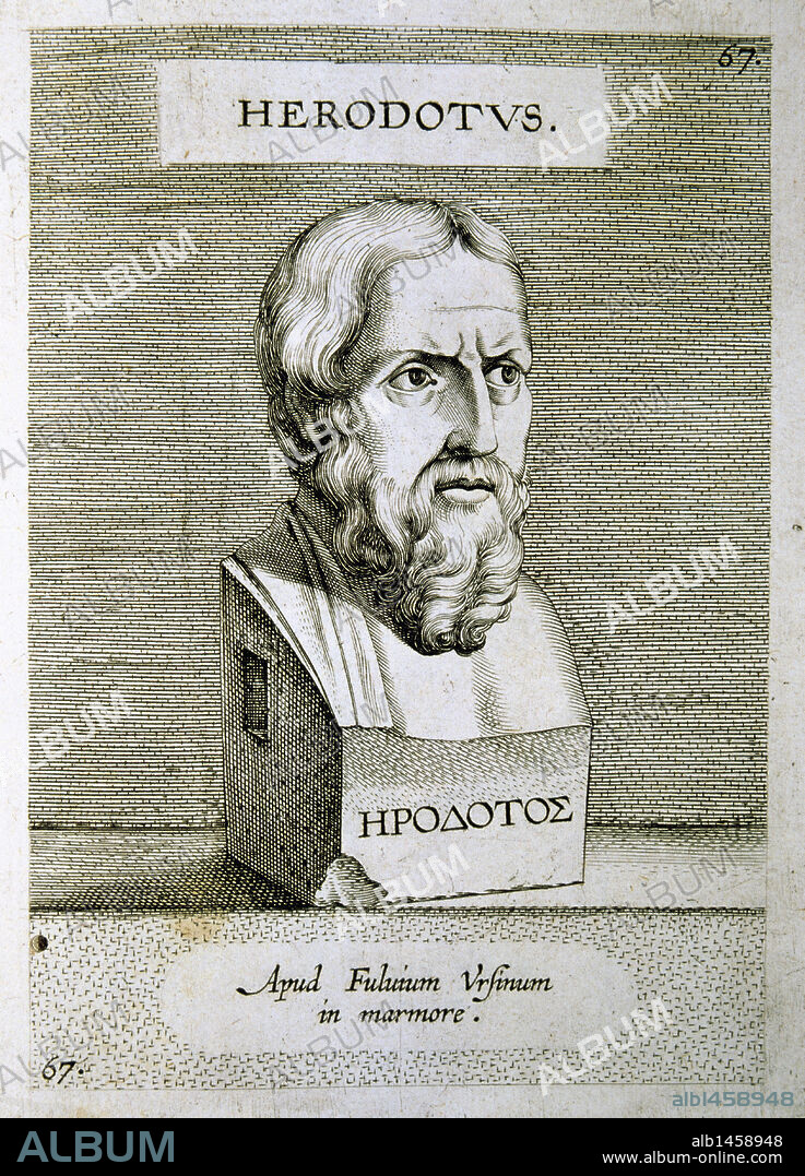 HERODOTO (Halicarnaso, h.484 a.C.-Turio, h.420 a. C.). Historiador griego, llamado "el Padre de la Historia". Su obra es la primera de las escritas en prosa en la Antigüedad. Se conocen nueve libros de "Historias", centradas en las civilizaciones griega y persa. Grabado. Biblioteca Nacional. Madrid. España.