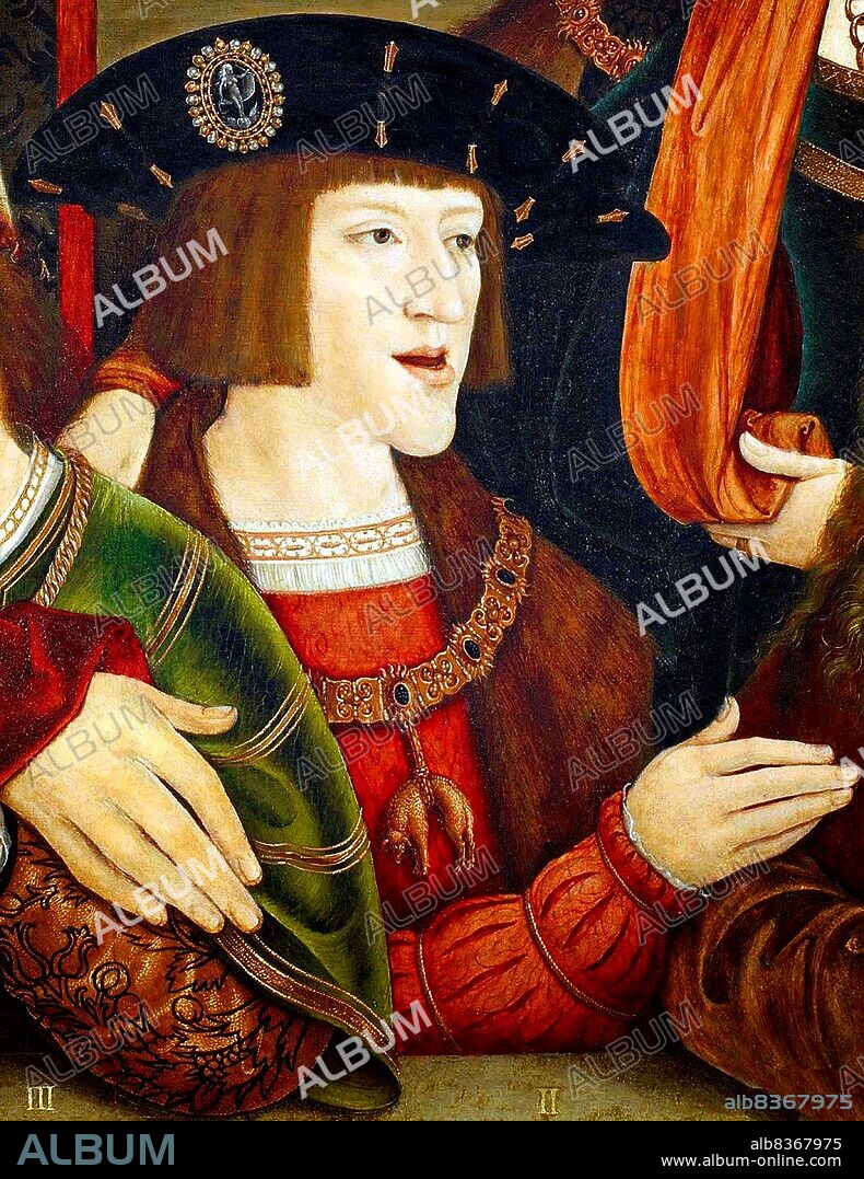 Germany / Spain: Detail of a portrait of a young Charles V (1500-1558), 30th Holy Roman emperor, oil on wood painting by Bernhard Strigel (1461-1528), c. 1516.<br/><br/>. Charles V (24 February 1500 21 September 1558) was ruler of both the Holy Roman Empire from 1519 and the Spanish Empire (as Charles I of Spain) from 1516, as well as of the lands of the former Duchy of Burgundy from 1506. He stepped down from these and other positions by a series of abdications between 1554 and 1556.