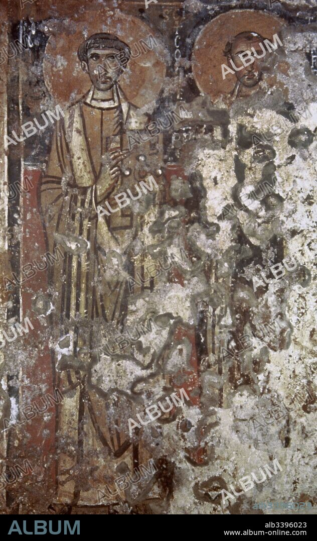 Epoca Paleocristiana. Catacumbas de San Calixto. Fechadas en el siglo III. San Cornelio y San Cipriano. Pintura mural. Roma. Italia.