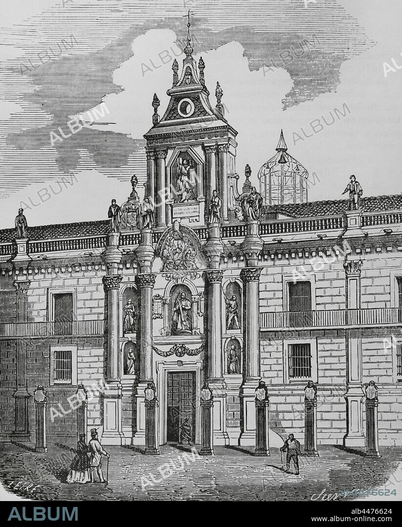España. Universidad de Valladolid. Fachada principal barroca. Dibujo por Letre. Grabado por Sierra. Crónica General de España, Historia Ilustrada y Descriptiva de sus Provincias. Tomo Asturias y León, 1867. Biblioteca Histórico Militar de Barcelona, Cataluña, España.