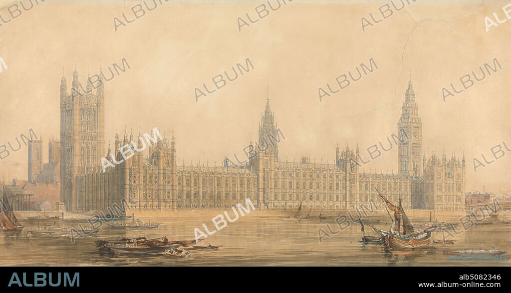 Perspective View: the New Houses of Parliament, Sir Charles Barry, 17951860, British, ca. 1840-1849, Watercolor over traces of graphite, with gouache, pen and black and brown ink on medium, smooth, weige wove paper, Sheet: 15 7/8 x 30 1/8 inches (40.3 x 76.5 cm), architectural subject, architecture, boats, bridge (built work), buildings, design, men, Perpendicular Gothic, perspective views, river, spires, steamships, towers (building divisions), City of Westminster, England, London, Palace of Westminster, Thames, United Kingdom.