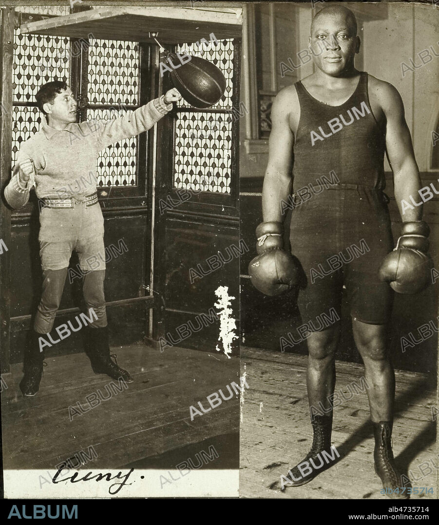 Le boxeur CUNY a l'entrainement au punching ball. Le boxeur Jack JOHNSON (1878-1946). Photographies anonymes vers 1915. Credit : Collection IM/KHARBINE-TAPABOR.