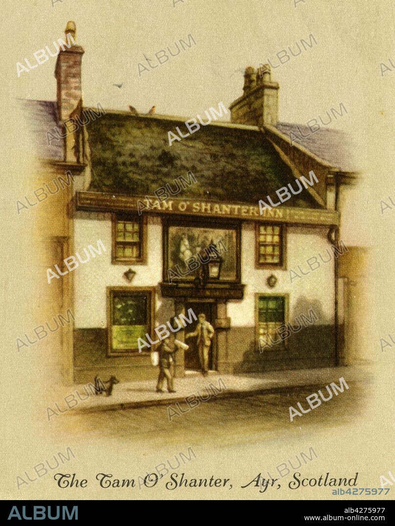 'The Tam O'Shanter, Ayr, Scotland', 1936. The Tam O'Shanter inn dating from 1529, one of the few surviving thatched buildings in Ayr, known for association with Robert Burns and his poem of the same name.  From "Old Inns - A Series of 40", 1936. [W. D. & H. O. Wills, 1936].