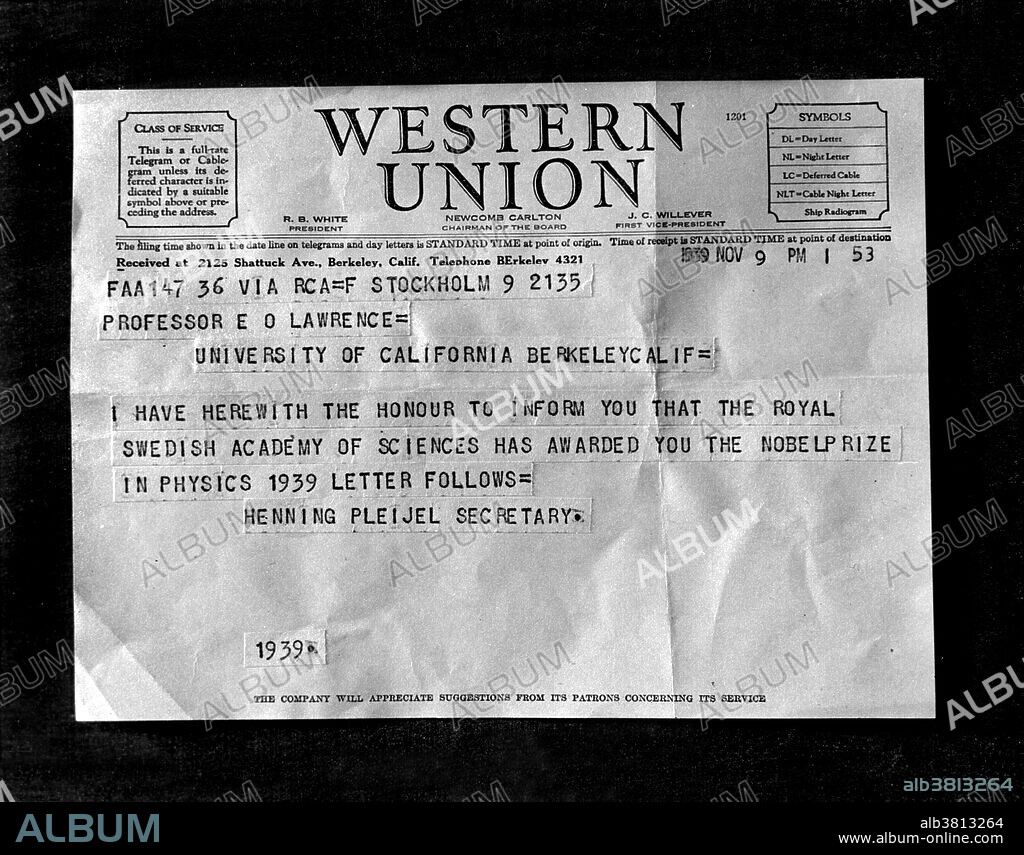 Western Union cable notifying Ernest Orlando Lawrence that he had won the Nobel Prize, dated November 11, 1939. Ernest Orlando Lawrence (1901-1958) was an American physicist and Nobel Laureate, known for his invention, utilization, and improvement of the cyclotron atom-smasher beginning in 1929, based on his studies of the works of Rolf Wideroe, and his later work in uranium-isotope separation for the Manhattan Project. Lawrence was awarded the Nobel Prize in Physics for his work in inventing the cyclotron and developing its applications. After the war, Lawrence campaigned extensively for government sponsorship of large scientific programs. Lawrence was a forceful advocate of Big Science with its requirements for big machines and big money. After his death, the Regents of the University of California voted to rename two of the university's nuclear research sites after Lawrence: the Lawrence Livermore and Lawrence Berkeley Laboratories.