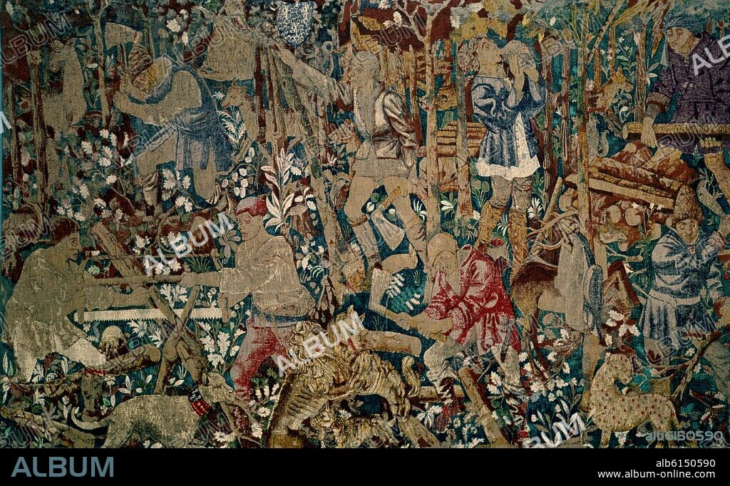 LOS LEÑADORES - TAPIZ MODERNO MECANICO - COPIA DE LA FAMOSA PIEZA DE LA TAPICERIA DE TOURNAI DEL SIGLO XV - 1,42x2,60 M.