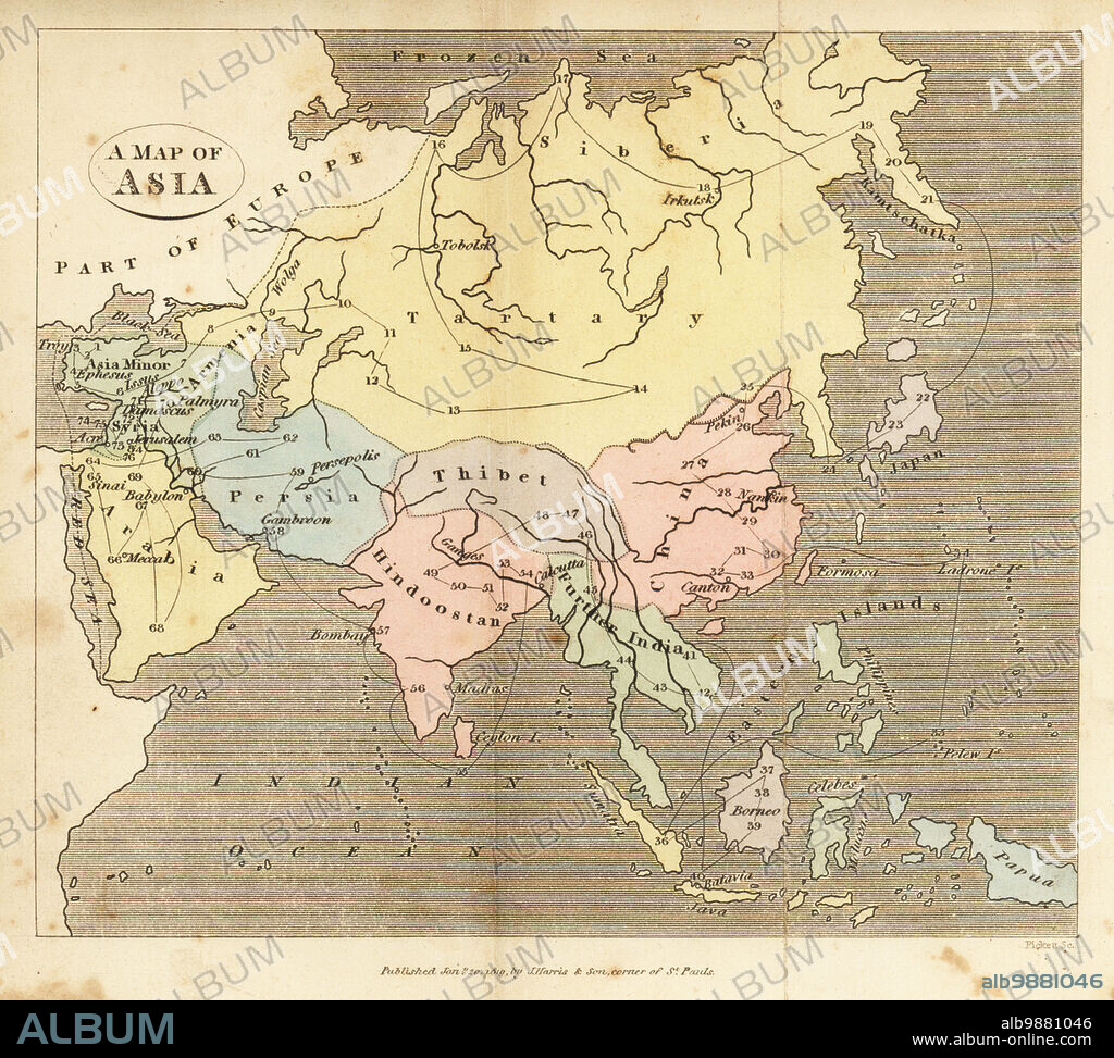 Map of Asia, early 19th century. Showing Asia Minor, Arabia, Persia, Siberia, Tartary, Thibet, Hindoostan, Further India, China, Formosa, Japan. Handcoloured copperplate engraving from Rev. Isaac Taylors Scenes in Asia, for the Amusement and Instruction of Little Tarry-at-Home Travelers, John Harris, London, 1819.