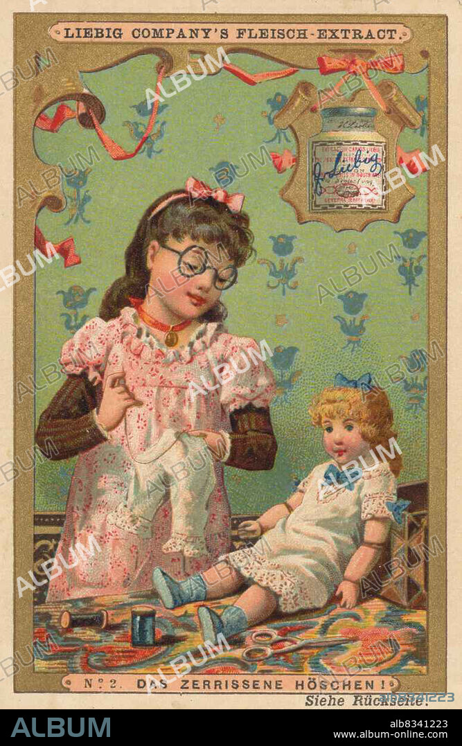 Bilderserie M§dchen spielt mit einer Puppe: das zerrissene Hschen / Image series girl playing with a doll: the torn panties, digital improved reproduction of a collectible image from the Liebig company, estimated from 1900, pd / digital restaurierte Reproduktion eines Sammelbildes von ca 1900, gemeinfrei.