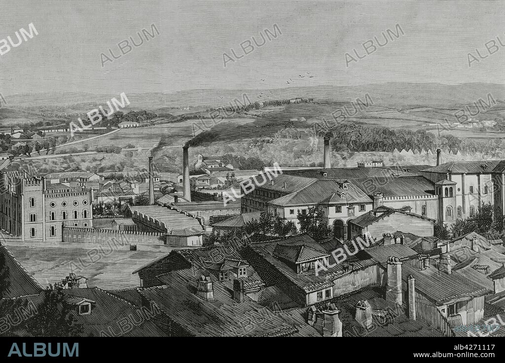 España. Asturias. Oviedo. Industria militar en Trubia. Vista general de la Fábrica Nacional de Armas y Fundición de Cañones. Dibujo del natural, por Cuevas. Grabado por Vela. La Ilustración Española y Americana,22 de diciembre de 1881.