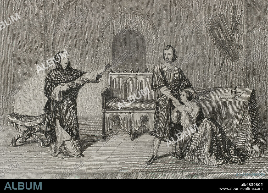 El religioso dominico y confesor del rey San Ramón de Peñafort (1175-1275) amonestando al rey Jaime I de Aragón y a Teresa Vidaura, que vivían una relación amorosa. Dibujo por Puiggari. Grabado por Furnó. Historia de Cataluña y de la Corona de Aragón, por Victor Balager. Tomo II. Barcelona,1861.