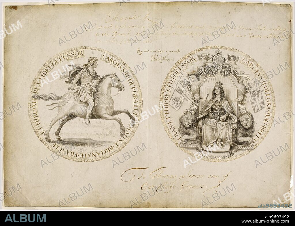 Great Seal of Charles II: warrant of Charles II issued by Sir William Morice to Thomas Simon, chief engraver, to prepare the Great Seal, with drawings of the obverse and reverse.