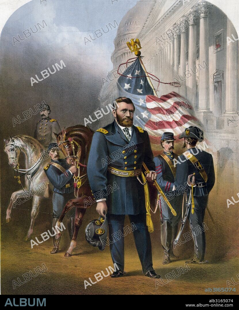 General Ulysses S. Grant standing in front of other soldiers and horses at the U.S. Capitol. Colour lithograph. Artist Samuel S Frizzell (1843-1895).