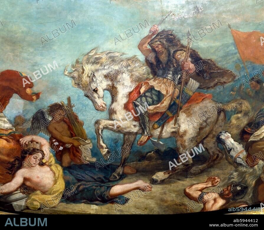 Attila (Etzel), König der Hunnen, gest. 453. /-"Attila suivi de ses hordes barbares, foule (...)" (Ausschn.) ((Einfall der Hunnen in Oberitalien 452 und Vormarsch auf Rom).-/ Deckengemälde, 1838-47, von Eugène Delacroix (1798-1863). Öl und Wachs, 375 x 1098 cm. Paris, Palais Bourbon-Assemblée Nationale, Culdefour de la Guerre.