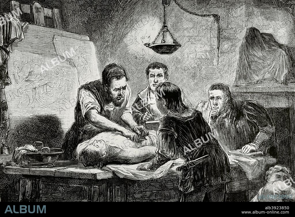 Michelangelo Buonarroti (1475-1564). Italian Renaissance artist. Michelangelo explaining anatomy to his disciples. Engraving after a composition of the baroque painter Georg Anton Urlab (1713-1759). Detail. La Ilustracion Espa–ola y Americana, September 15, 1876.