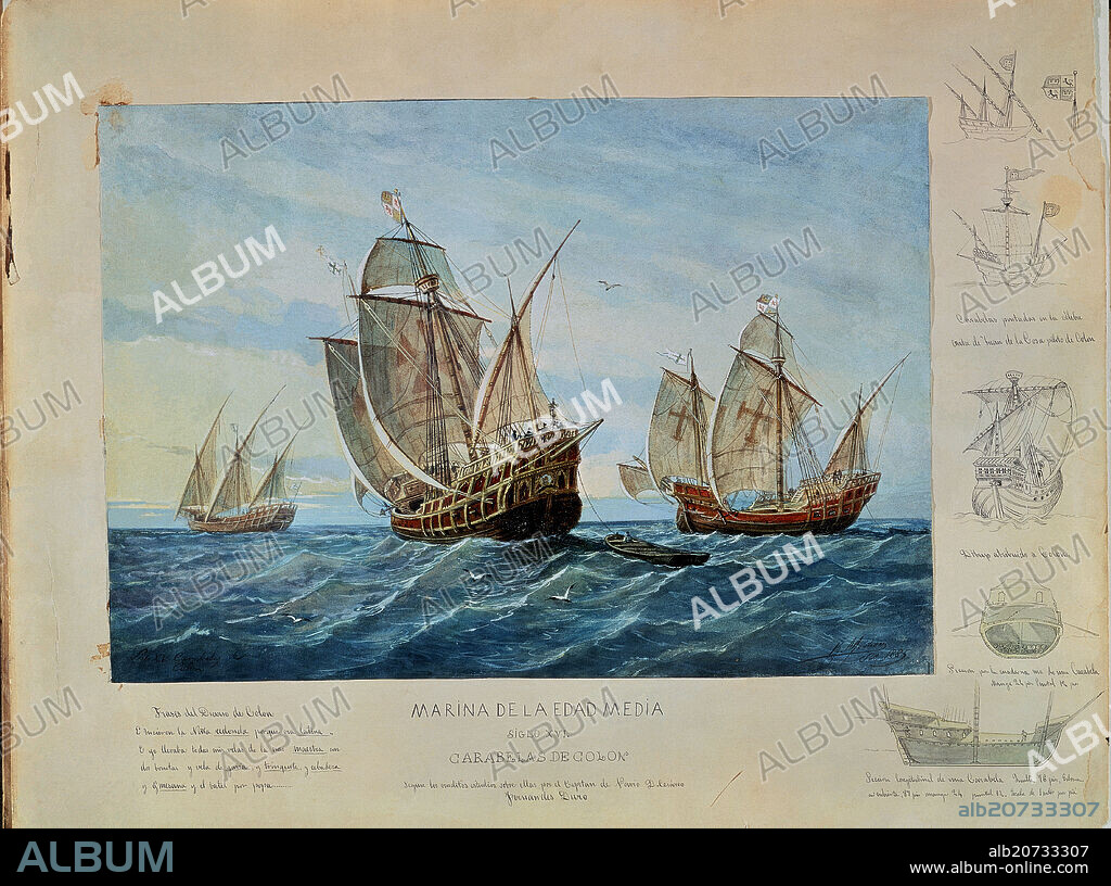 RAFAEL MONLEÓN. CONSTRUCCIONES NAVALES - CARABELAS DE COLON LA PINTA LA NIÑA Y LA SANTA MARIA - ACUARELA DEL SIGLO XIX.