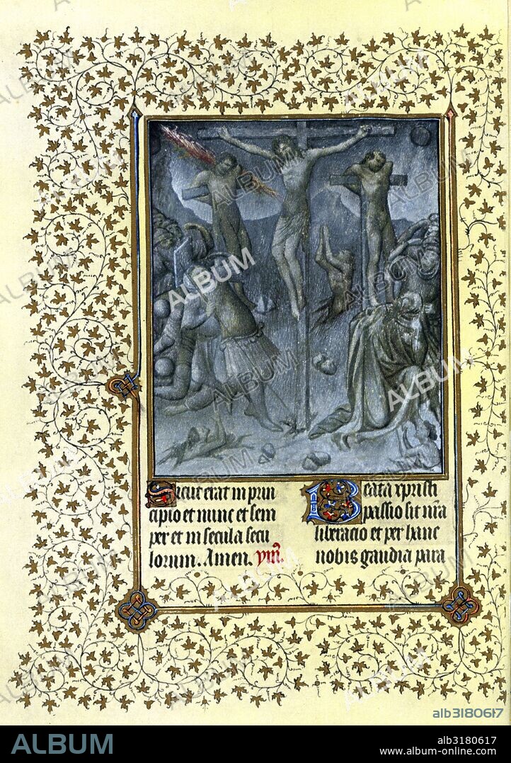 Illumination depicting the darkness at the Crucifixion from the Belles Heures of Jean de France, Duc de Berry (The Beautiful Hours) an early 15th-century illuminated manuscript book of hours. Dated 15th Century.