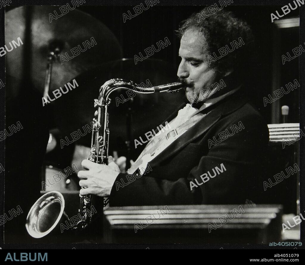 Frank Tiberi, saxophonist with Woody Herman's Orchestra, performing at the Forum Theatre, Hatfield, Hertfordshire, 1983. Tiberi took over as leader of the orchestra after Herman's death in 1987.