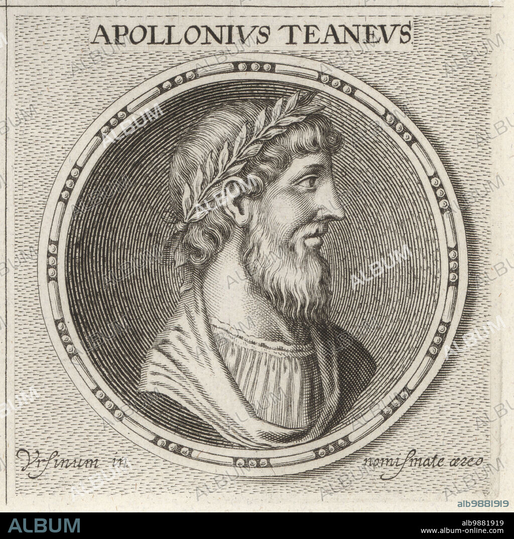 Apollonius of Tyana, Greek Neopythagorean philosopher, c.3-97 AD. From the town of Tyana in the Roman province of Cappadocia in Anatolia. Profile of bearded man in laurel crown. Apollonius Teaneus. Copperplate engraving after an illustration by Joachim von Sandrart from his LAcademia Todesca, della Architectura, Scultura & Pittura, oder Teutsche Academie, der Edlen Bau- Bild- und Mahlerey-Kunste, German Academy of Architecture, Sculpture and Painting, Jacob von Sandrart, Nuremberg, 1675.