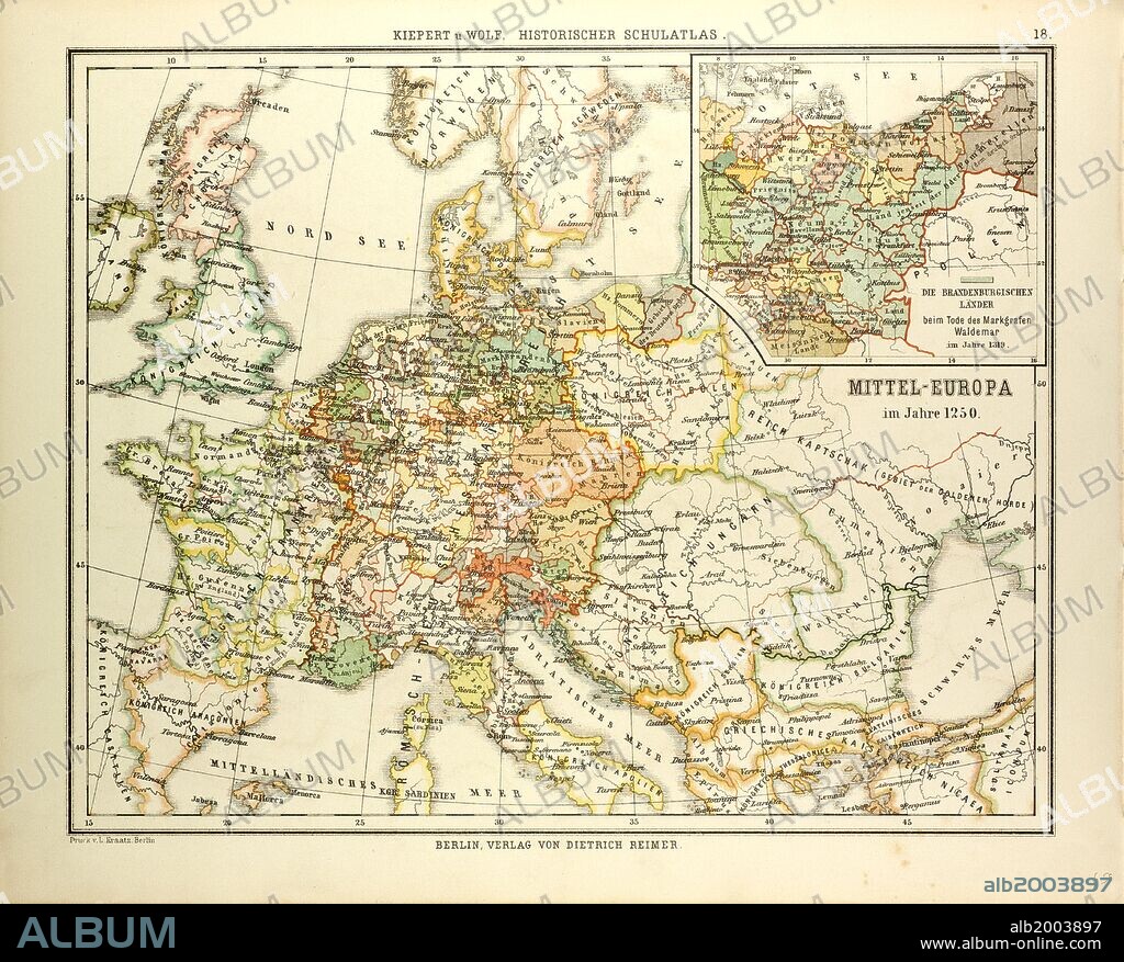 MAP OF CENTRAL EUROPE IN 1250.