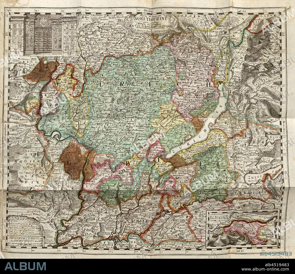 Nova et accurata AGRITIGURINI cum confinys Tabula Geographica, Map Zurich, S. 1431, J. Heinrich Freytag, 1742, Hans Heinrich Bluntschli: Memorabilia Tigurina, oder Merckwürdigkeiten, der Stadt und Landschafft Zürich, in alphabetischer Ordnung enthaltend (...). Zürich: bey Heidegger und Compagnie, 1742.