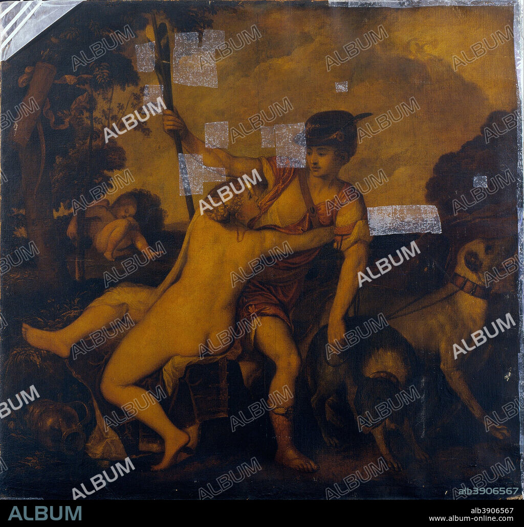 TIZIANO. Venus and Adonis. Date/Period: Second half of the 16th century. Painting. Oil on canvas Oil. Height: 1,828 mm (71.96 in); Width: 1,895 mm (74.60 in).