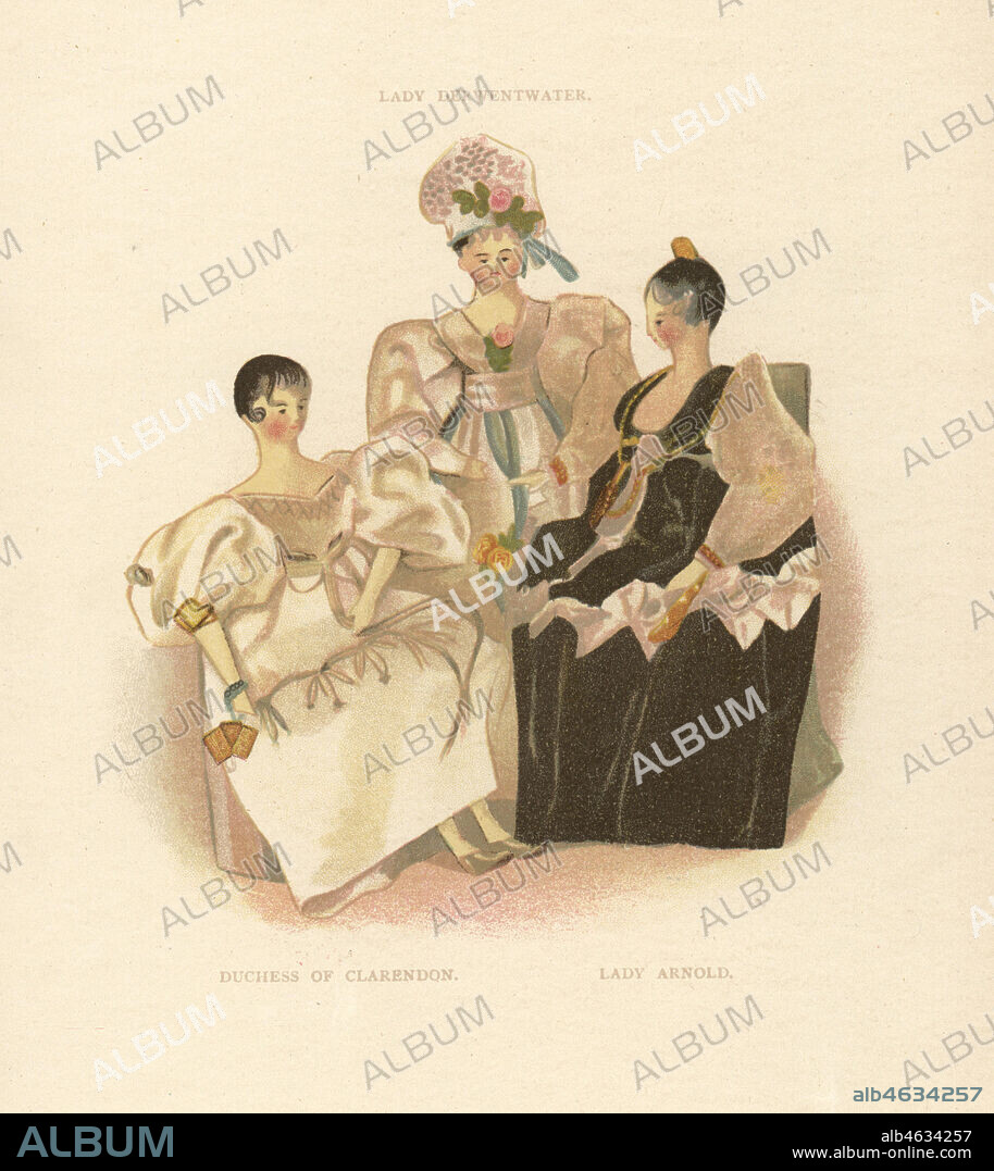 Dolls of courtiers Duchess of Clarendon, Lady Maria Arnold and Lady Derwentwater. Wooden dolls dressed by the young Princess Victoria. Color plate after an illustration by Alan Wright from Frances H. Lows Queen Victorias Dolls, George Newness, London, 1894.