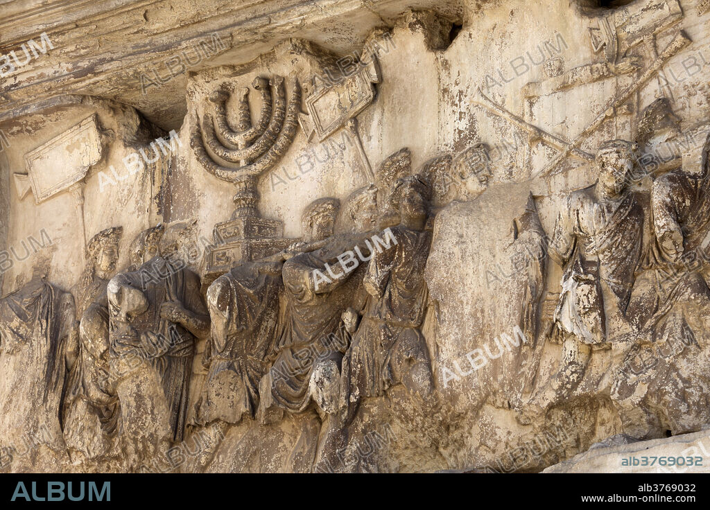 Bas-relief on Arch of Titus showing menorah taken from the Temple of Jerusalem, Roman Forum (Foro Romano), UNESCO World Heritage Site, Rome, Lazio, Italy, Europe.