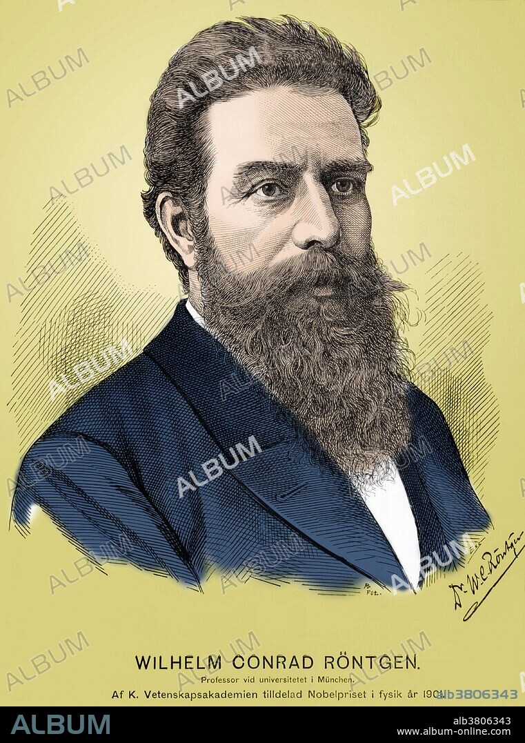 Wilhelm Konrad Roentgen (1845-1923), German experimental physicist and discoverer of X-rays. While using a discharge tube (in which an electric discharge is passed through a gas at low pressure) in a darkened room, Roentgen noticed that a card coated with barium platinocyanide glowed when the tube was switched on. The effect was not blocked by an intervening wall, or even a thin sheet of metal. Roentgen termed this newly discovered phenomenon X-ray radiation, and suggested that it consisted of electromagnetic rays with a shorter wavelength than light. He was awarded the first Nobel Prize for Physics in 1901.