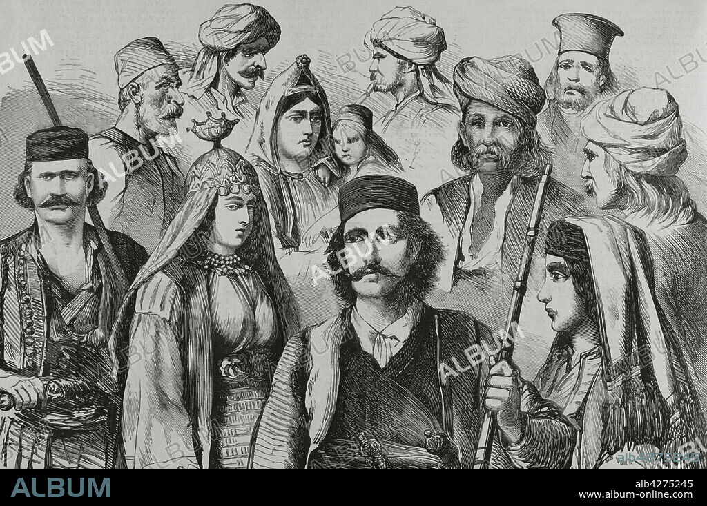 La insurrección Dálmata. Tipos de habitantes de las provincias sublevadas contra la campaña de ocupación del imperio Austrohúngaro de Dalmacia y Bosnia y Herzegovina (antiguos territorios otomanos del valiato de Bosnia). Grabado. La Ilustración Española y Americana, 15 de febrero de 1882.