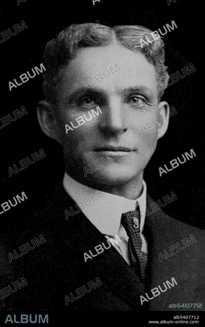 Henry Ford (July 30, 1863 - April 7, 1947) was an American industrialist, the founder of the Ford Motor Company, and sponsor of the development of the assembly line technique of mass production. His introduction of the Model T automobile revolutionized transportation and American industry. As owner of the Ford Motor Company, he became one of the richest and best-known people in the world. He is credited with mass production of inexpensive goods coupled with high wages for workers. He instituted the $5 a day minimum wage and is said to have contributed to the creation of the middle class. No photographer credited, undated (cropped and cleaned).
