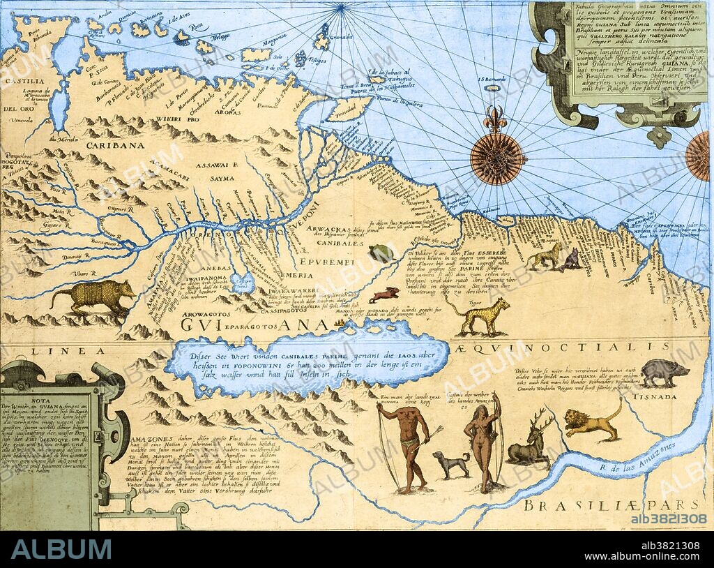 Map of Guyana and Brazil showing the Amazon river, wild animals, a headless man "of the land Ewaipanoma," an Amazon woman, and the fictitious Lake Parime, on the north shore of which is located the city of El Dorado.  El Dorado was the legendary "Lost City of Gold" that fascinated explorers since the days of the Spanish Conquistadors and was supposedly located on the legendary Lake Parime in the highlands of Guyana. This map is adapted from a slightly earlier map by Jodocus Hondius, although the title states that the map was 'surveyed and drawn by a sailor who accompanies Walter Raleigh on his voyage' (of 1595).
