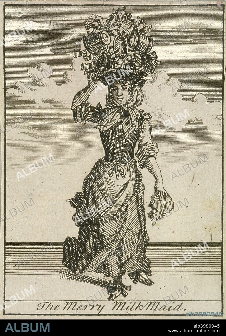 'The Merry MilkMaid', (c1688?). A milkmaid, carrying a large urn with smaller jugs attached to it, on her head. From Cries of London, (c1688?).