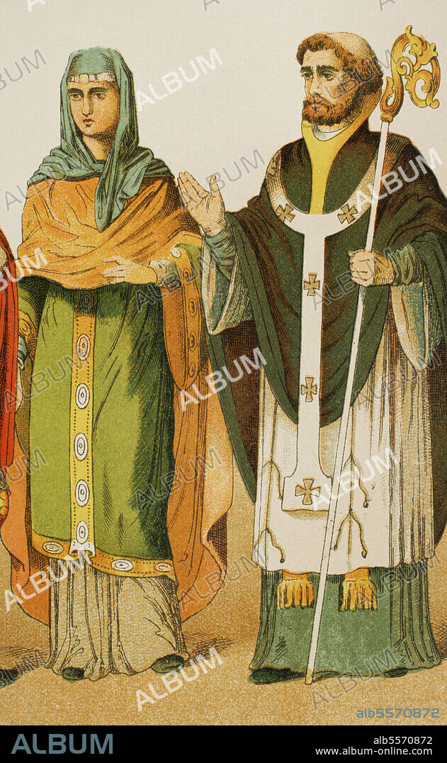 Anglosajones (500-1000). Dama noble del año 850 y obispo del año 900. Cromolitografía. Historia Universal, por César Cantú. Tomo IV. Publicado en Barcelona, 1881.