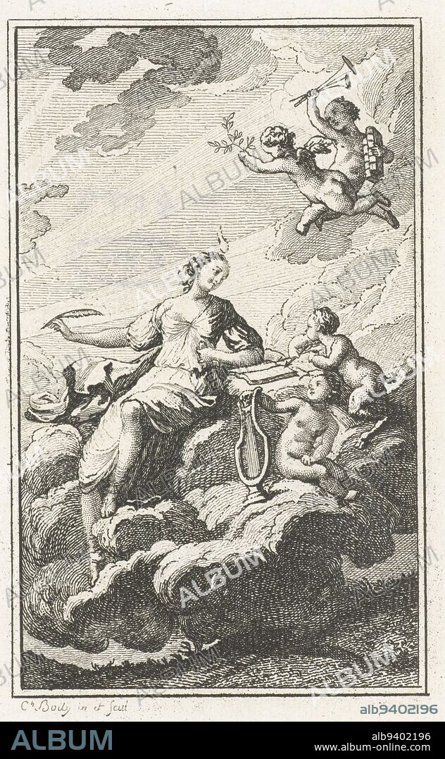 The muse of music sitting in the clouds between putti with instruments, Music sitting on clouds, print maker: Charles Ange Boily, (mentioned on object), Charles Ange Boily, (mentioned on object), Netherlands, (possibly), c. 1753 - 1813, paper, etching, h 150 mm × w 93 mm.