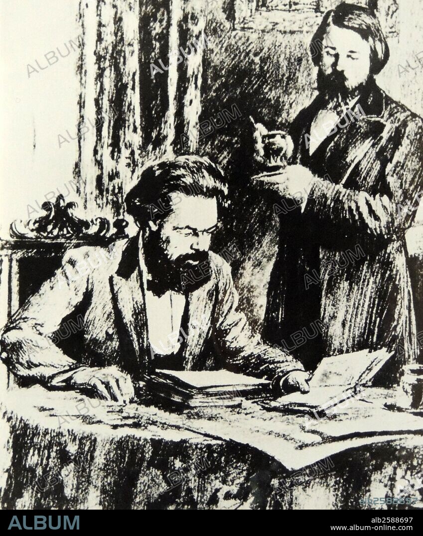 Friedrich Engels (right) 1820 – 5 August 1895 was a German social scientist, author, political theorist with Karl Marx (left).