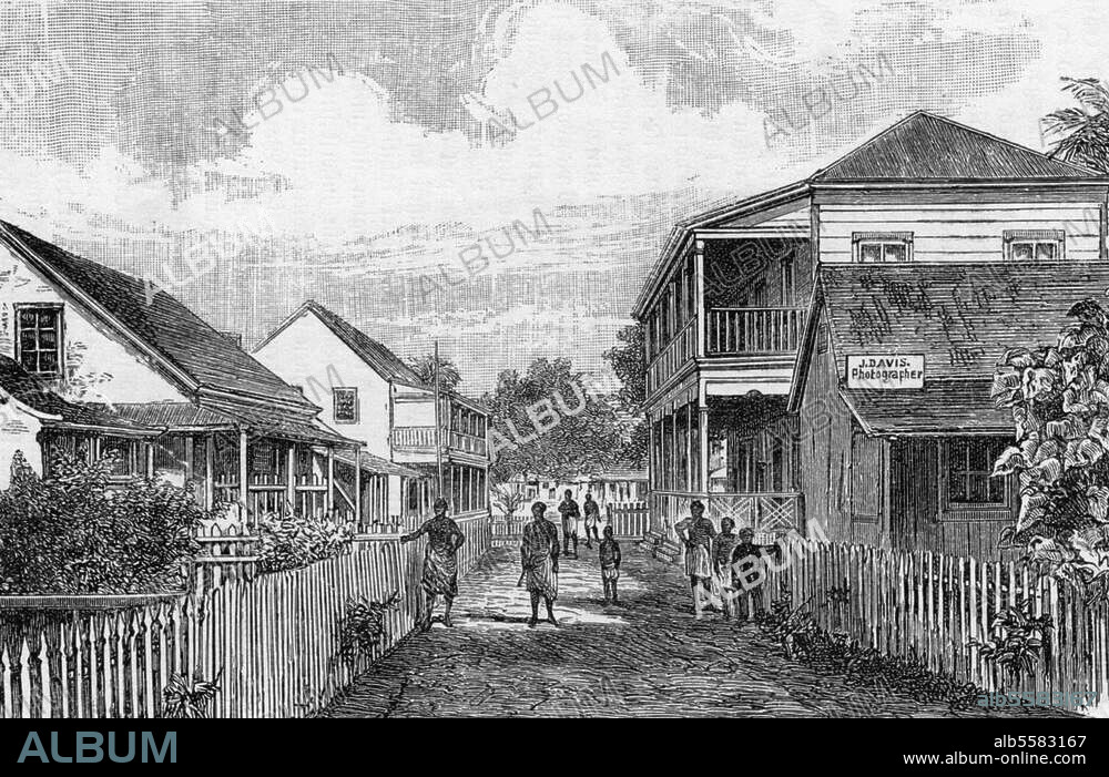 Apia, Samoa-Inseln. (deutsche Kolonie 1899-1914). Straße in Apia. Holzstich, um 1900.